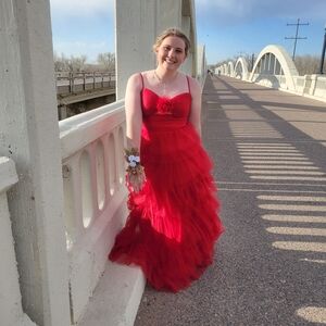 Red Spaghetti-Strap Tulle Ruffled Prom Dress